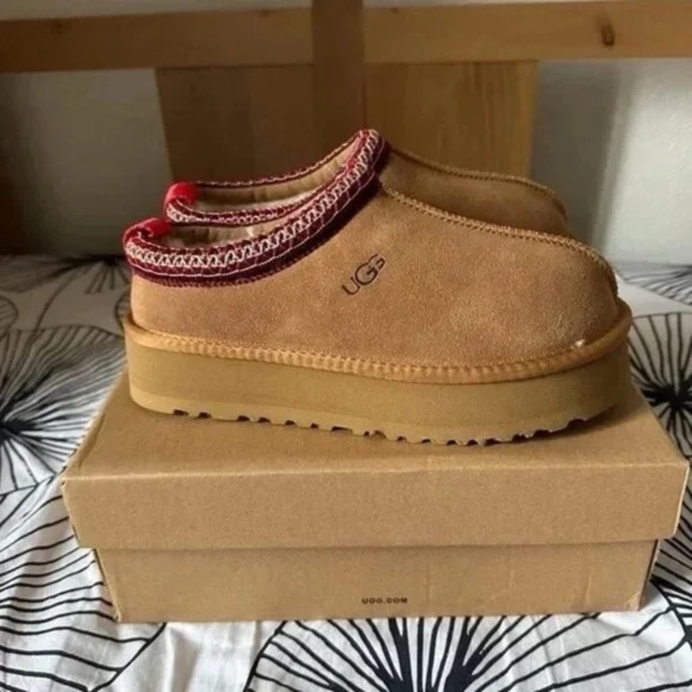 UGG Chestnut Suede Platform Shoes with Red Trim